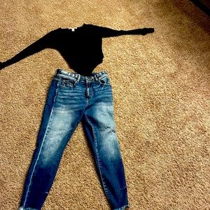 Forever 21 black body suit deep mesh vneck